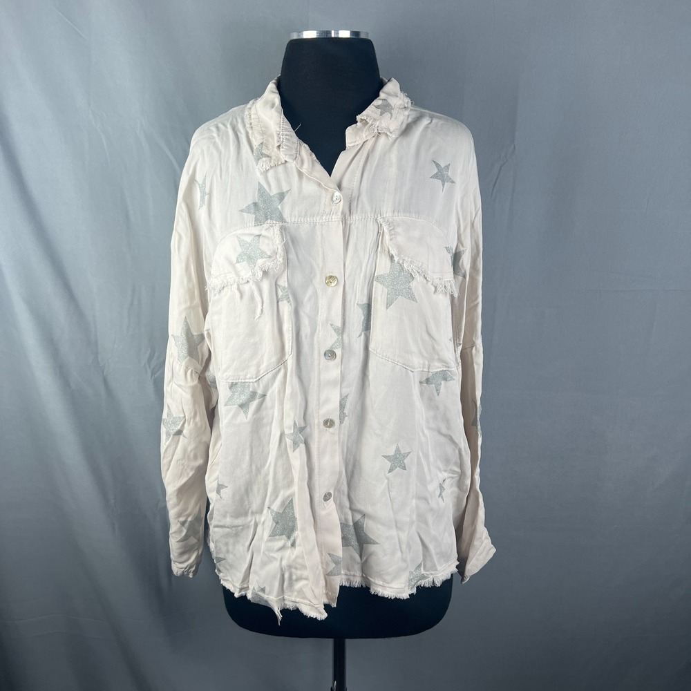 Venti6 Shirt Womens Medium White Glittery Silver Stars Distressed Button Front